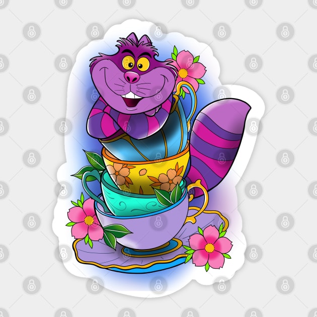 Tea time with Cheshire Cat! Sticker by Jurassic Ink